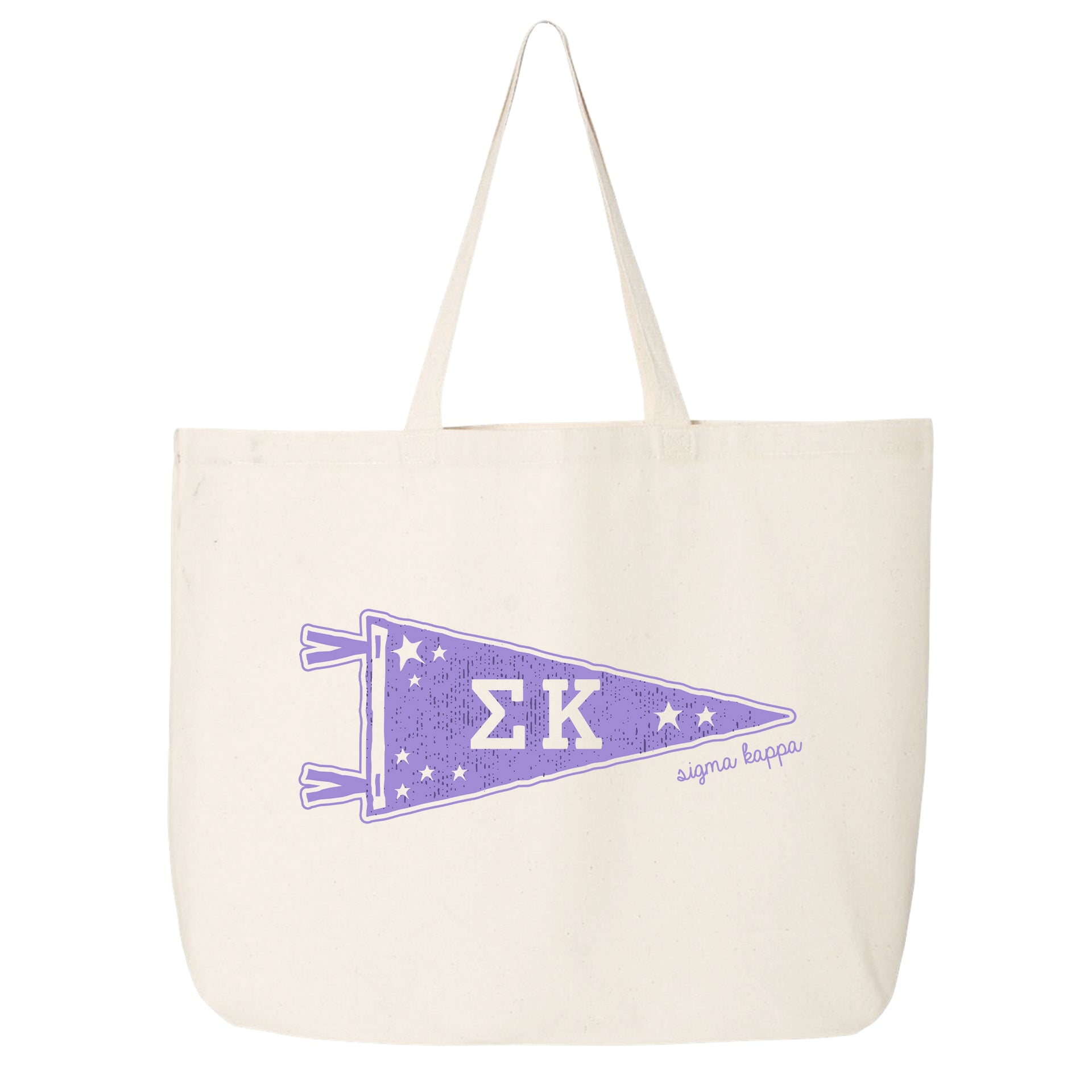 Sigma Kappa collegiate pennant large canvas tote bag featuring Sigma Kappa Greek letters on a white background