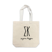 Sigma Kappa small canvas tote bag featuring striped Sigma Kappa Greek letters on a white background