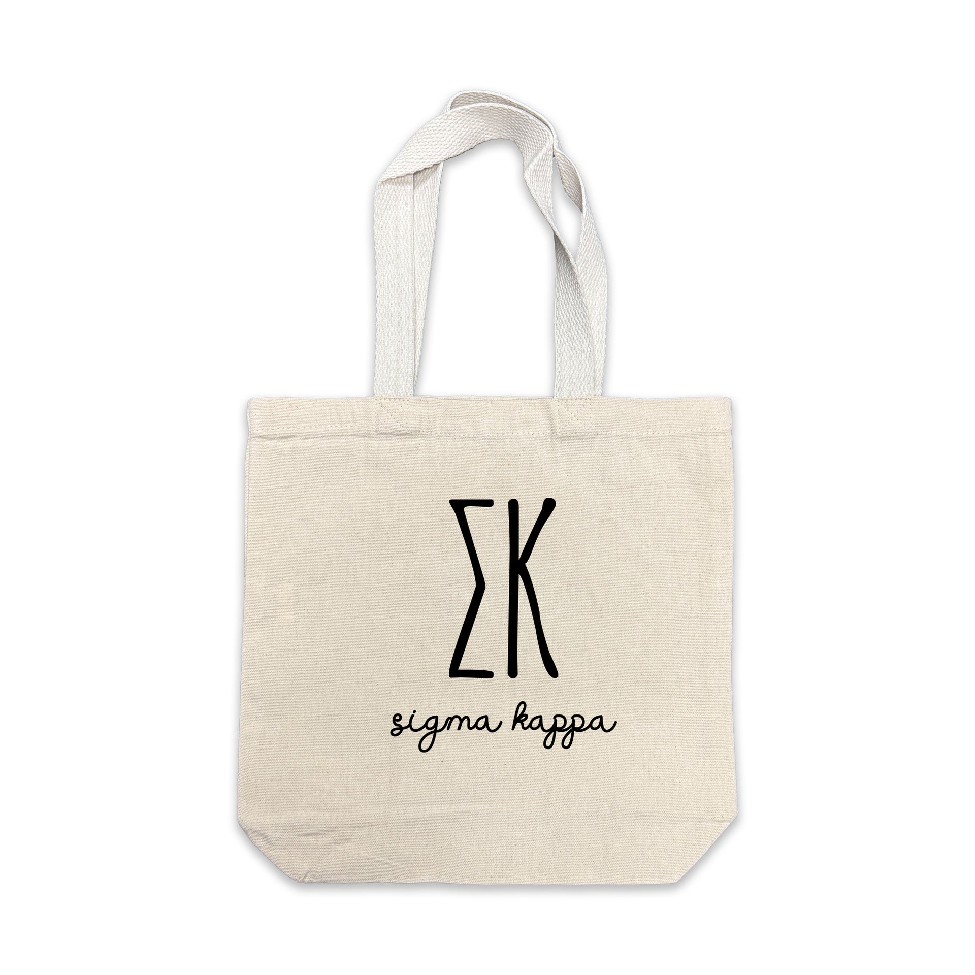 Sigma Kappa small canvas tote bag featuring striped Sigma Kappa Greek letters on a white background