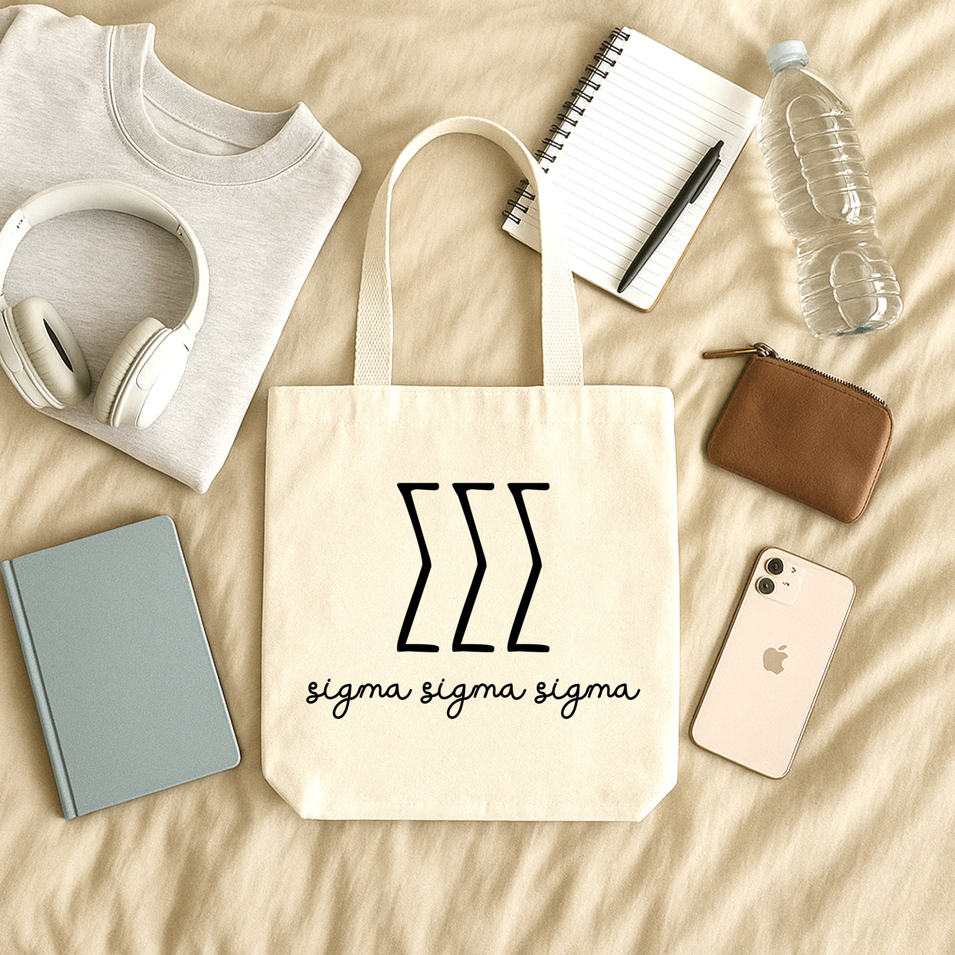 Sigma Sigma Sigma small canvas tote bag with striped Greek letters styled in a flat lay with everyday essentials