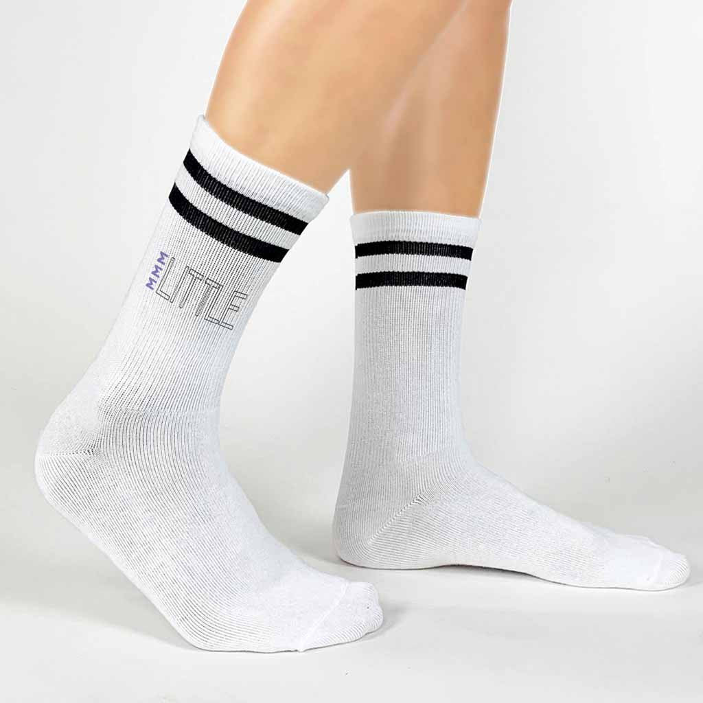Sigma Sigma Sigma sorority socks with greek letters and big or little design printed on the striped cotton crew socks.