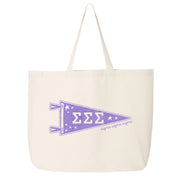 Sigma Sigma Sigma collegiate pennant large canvas tote bag featuring Sigma Sigma Sigma Greek letters on a white background