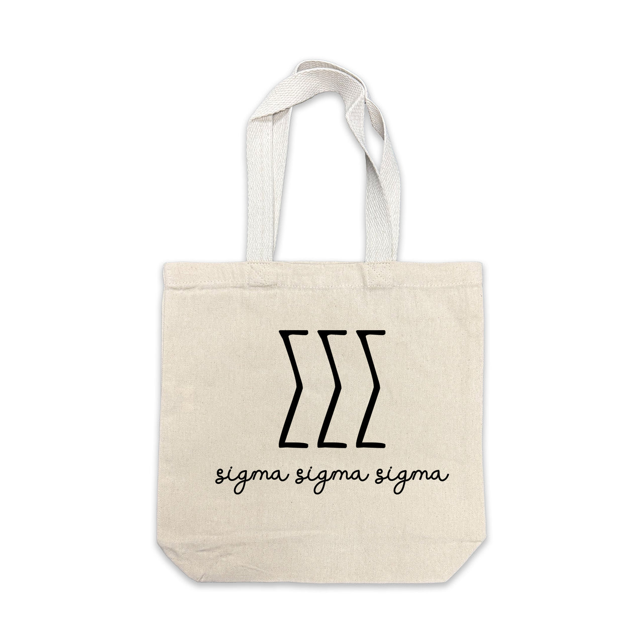 Sigma Sigma Sigma small canvas tote bag featuring striped Sigma Sigma Sigma Greek letters on a white background