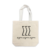 Sigma Sigma Sigma small canvas tote bag featuring striped Sigma Sigma Sigma Greek letters on a white background