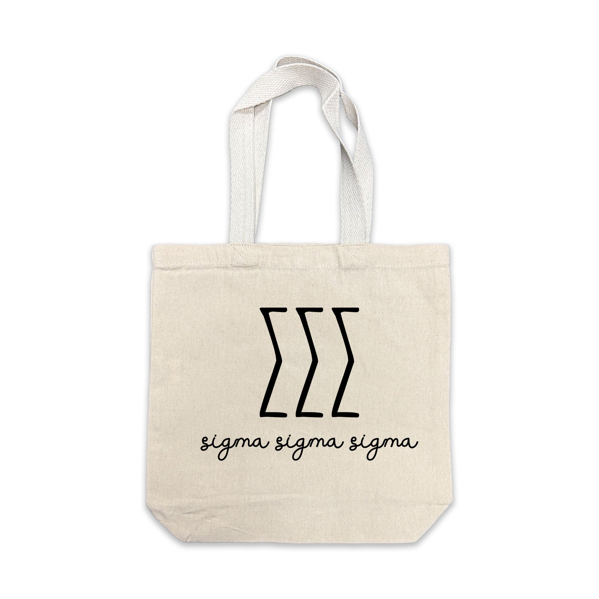 Sigma Sigma Sigma small canvas tote bag featuring striped Sigma Sigma Sigma Greek letters on a white background