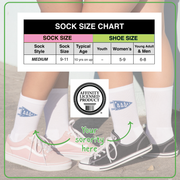 Sockprints sock size chart and Affinity Licensing Label