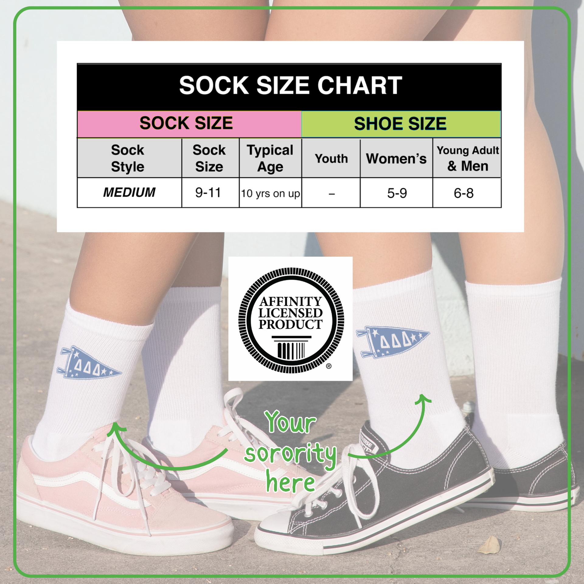 Sockprints sock size chart and Affinity Licensing Label