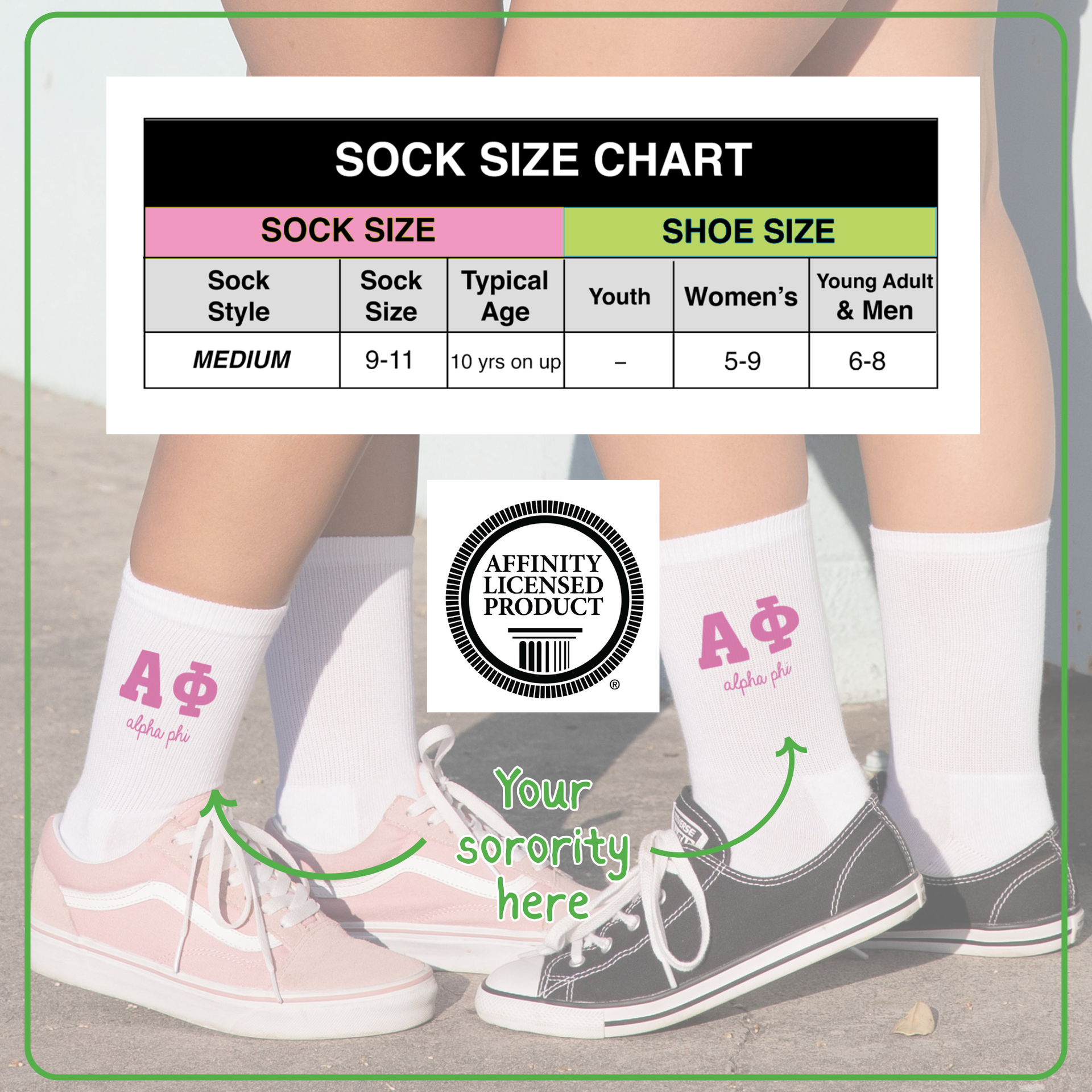 Sockprints cotton crew sock size chart and Affinity Licensing Label