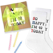 So happy birthday socks custom printed with your age printed on white cotton crew socks.