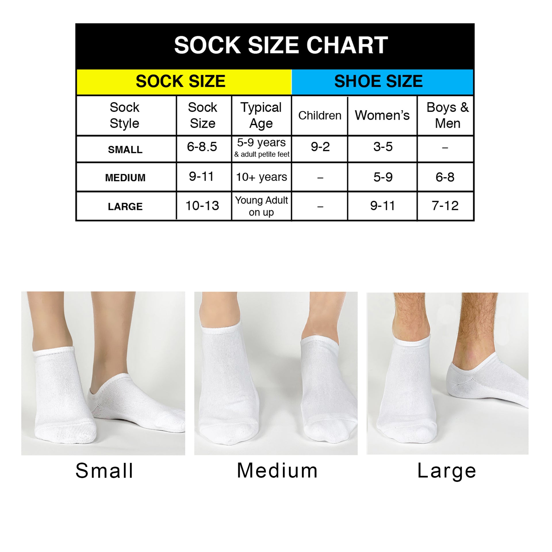 Sock size chart displaying size options for no-show golf socks, including small, medium, and large, with corresponding shoe size ranges for a proper fit. Helpful guide for selecting the right size.