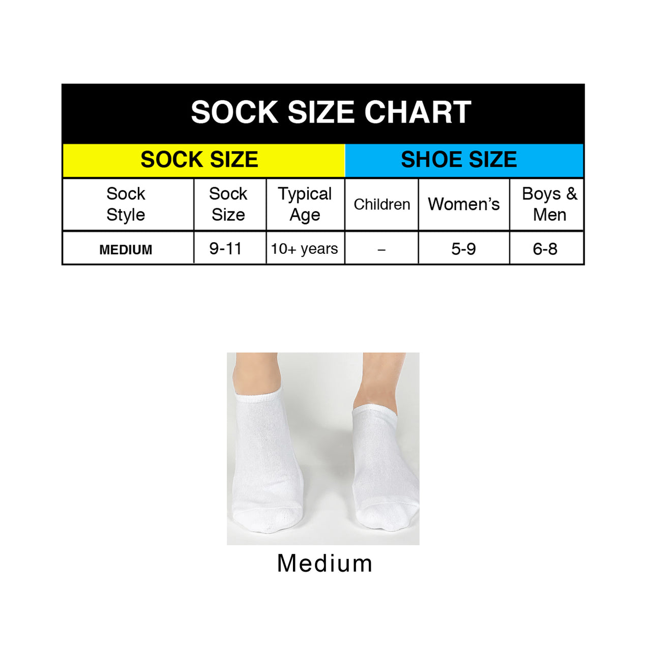 Sock sizing chart with foot model