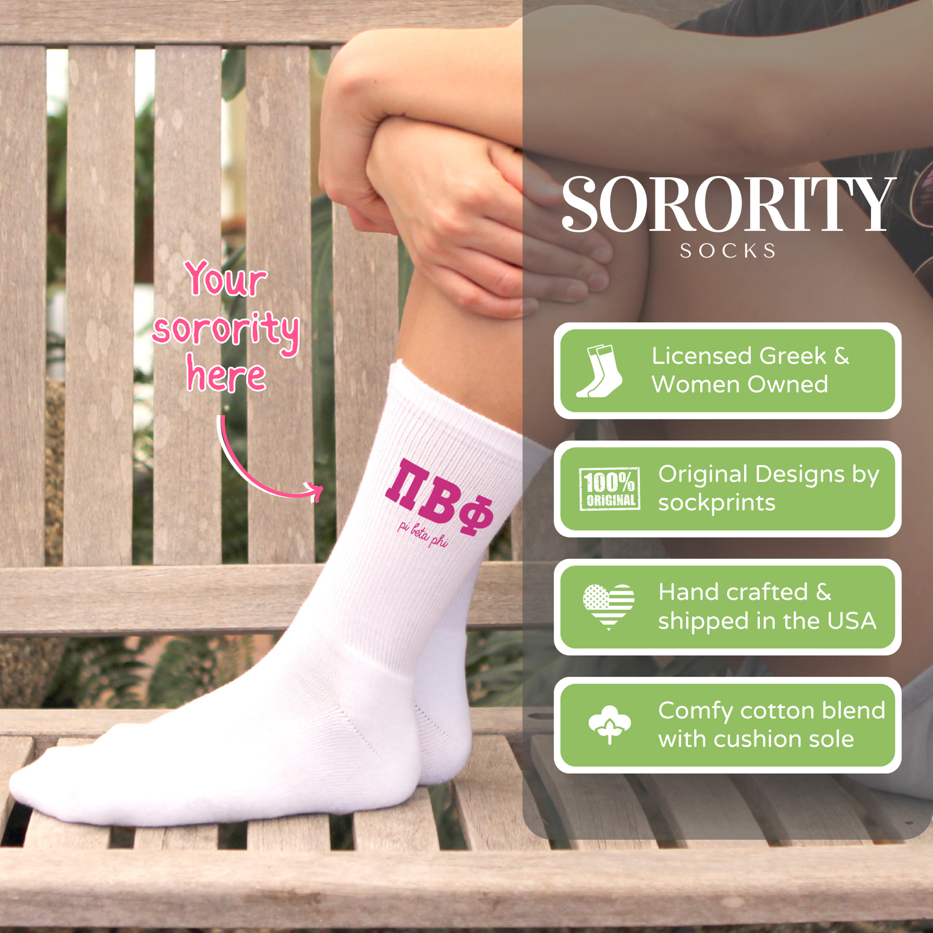 College student wearing sorority crew socks with infographic highlighting cotton blend fabric, eco-friendly inks, officially licensed Greek merchandise, women-owned business, and hand processed in the USA