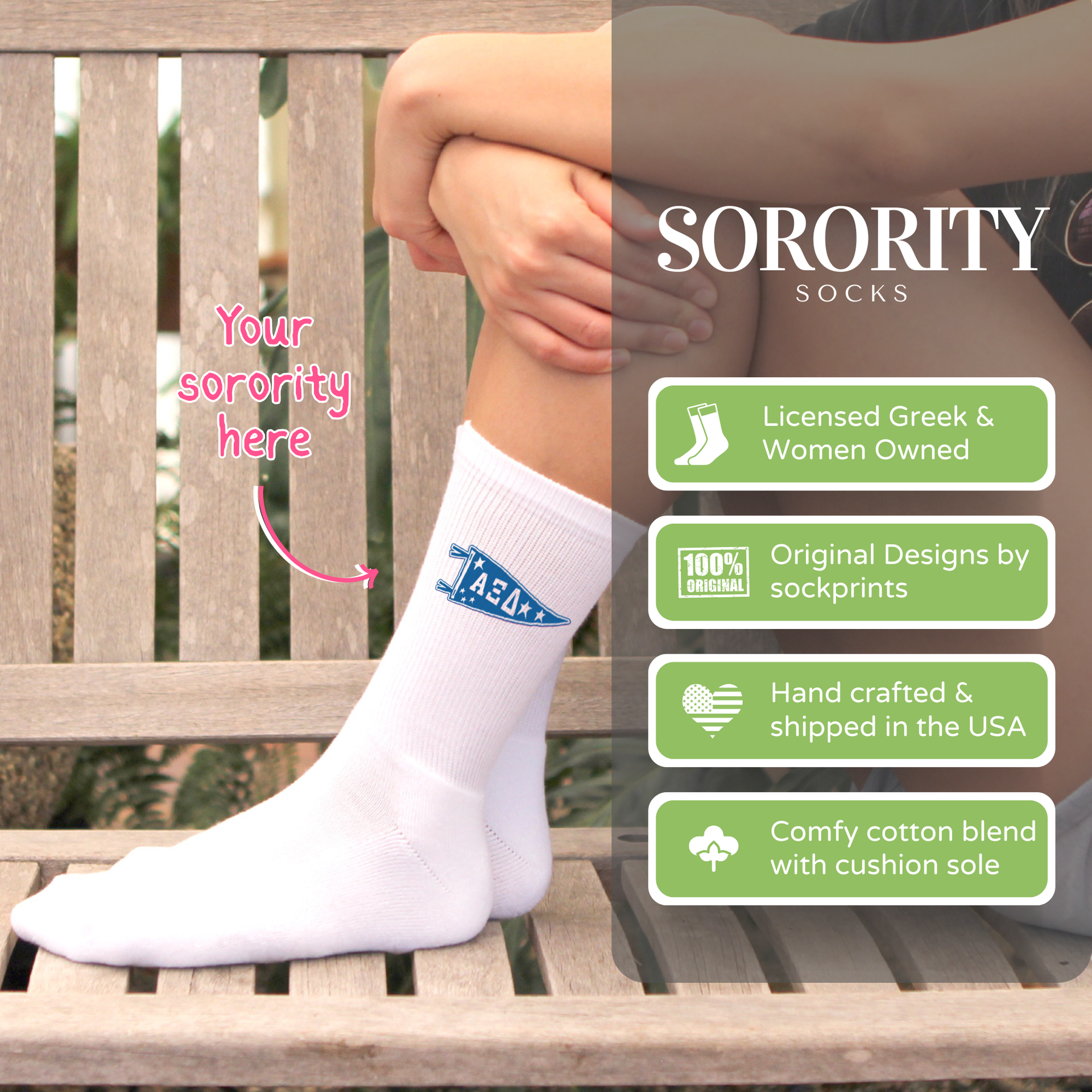 Sockprints sorority crew socks - cotton sock features