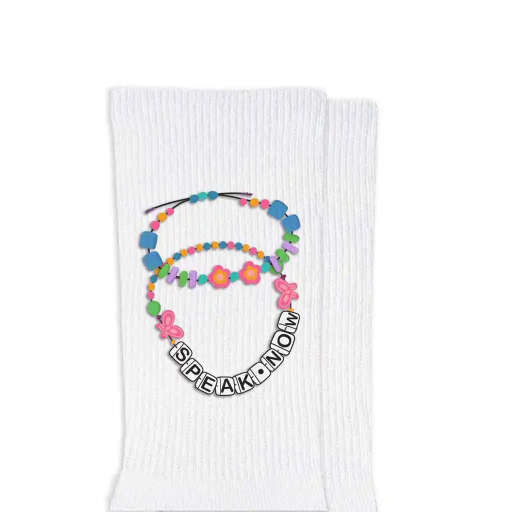 cute socks with a nod to Taylor Swift and the friendship bracelets made popular with her Eras concert tour
