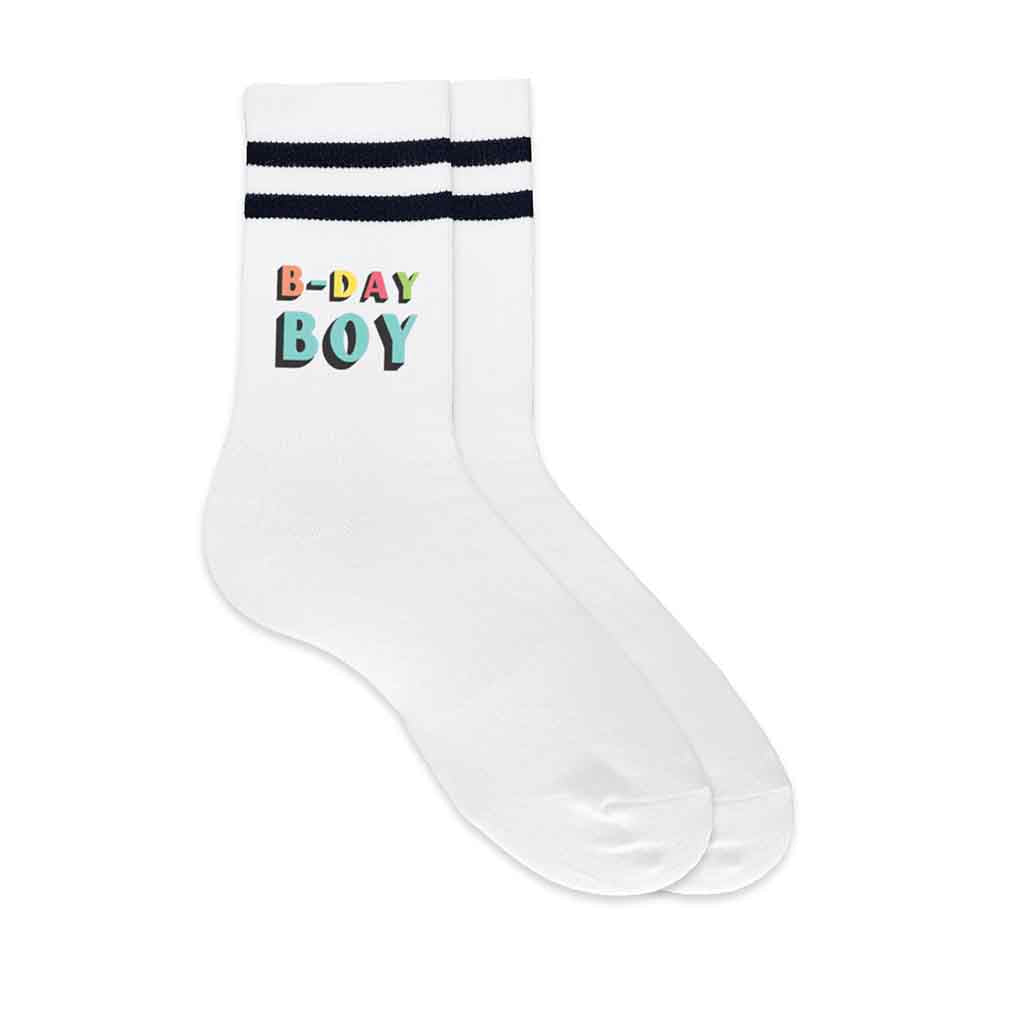 Birthday socks for the birthday boy digitally printed on white socks with black stripes and an easy to use gift box.