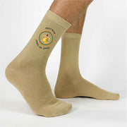 Tan flat knit dress socks custom printed with super mario character design and personalized with your wedding date and role.