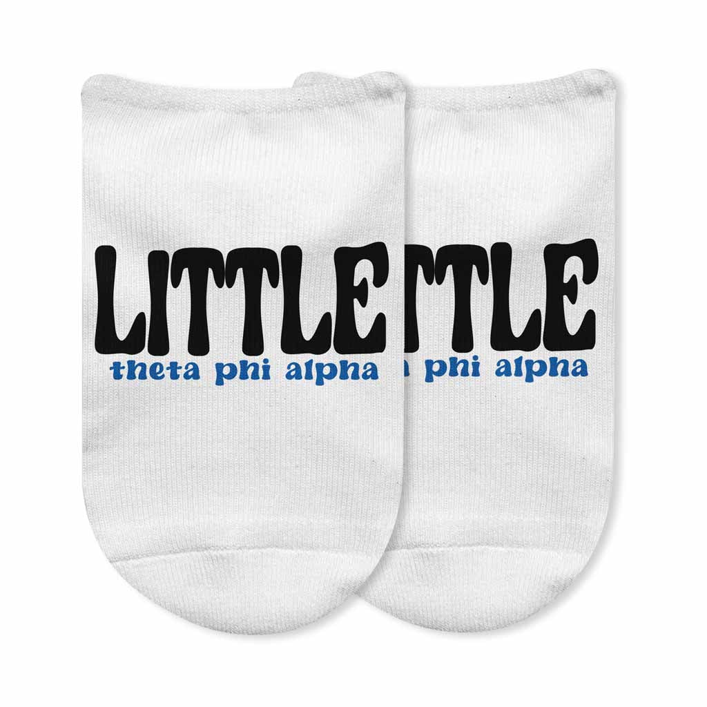 Theta Phi Alpha Big and Little designs custom printed on the top of comfy white cotton no show socks.