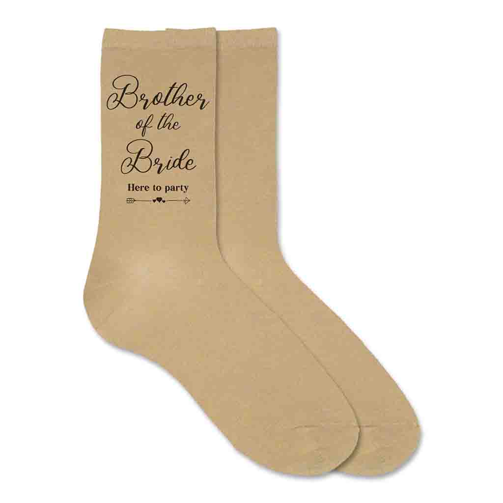 Wedding party socks with fun sayings for the brother of the bride digitally printed here to party design on the outside of the cotton socks.