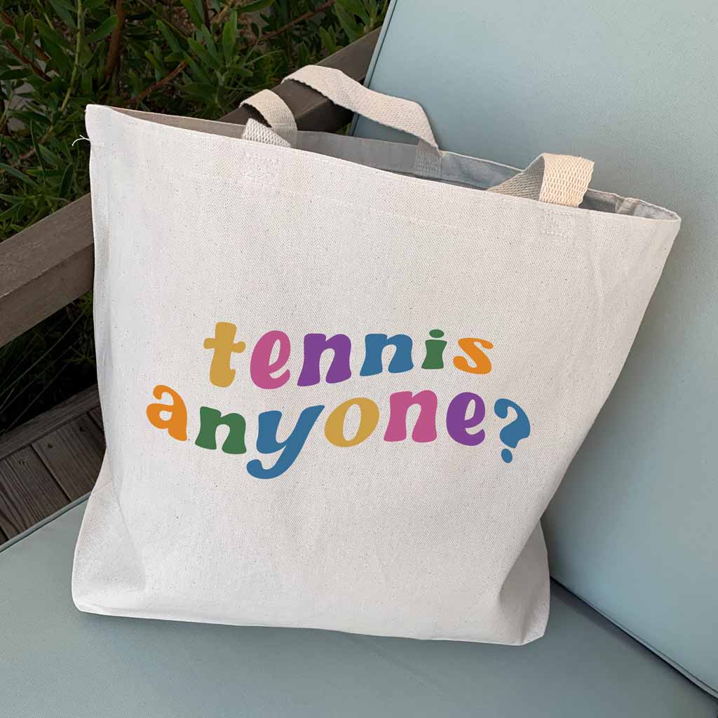 Tennis anyone custom printed golf design on large canvas tote bag.