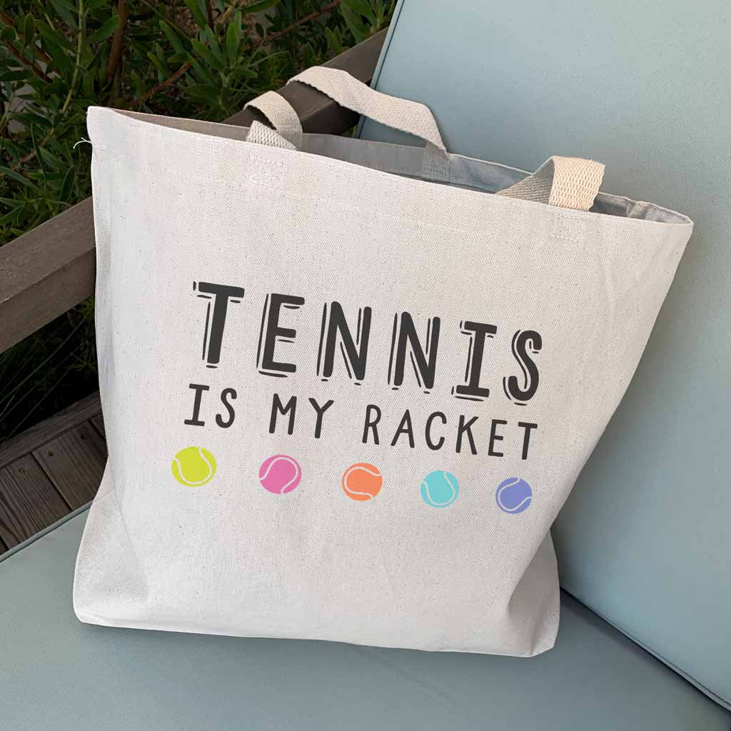 Large canvas tote bag custom printed with tennis is my racket colorful balls design is the perfect tennis gift.