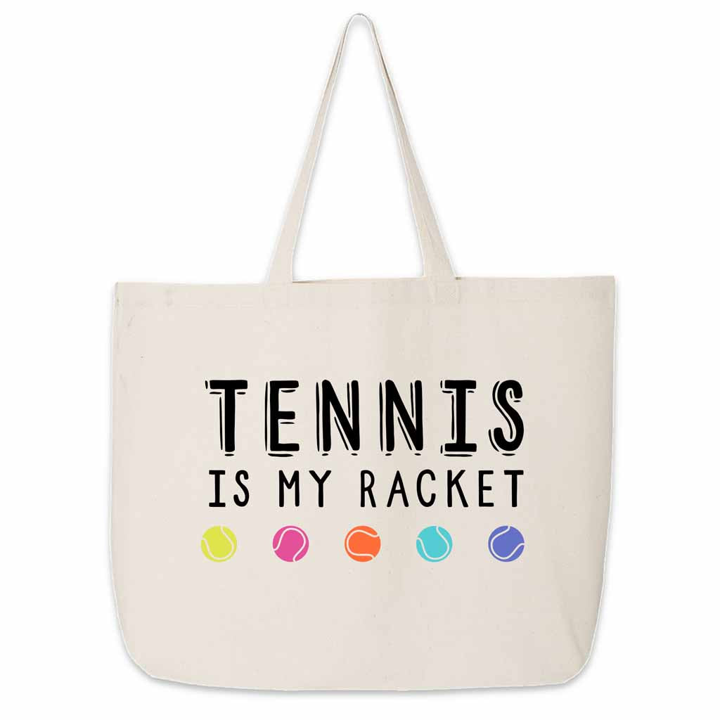 Tennis is my racket digitally printed on spacious large canvas tote bag is super cute for your next tennis match.