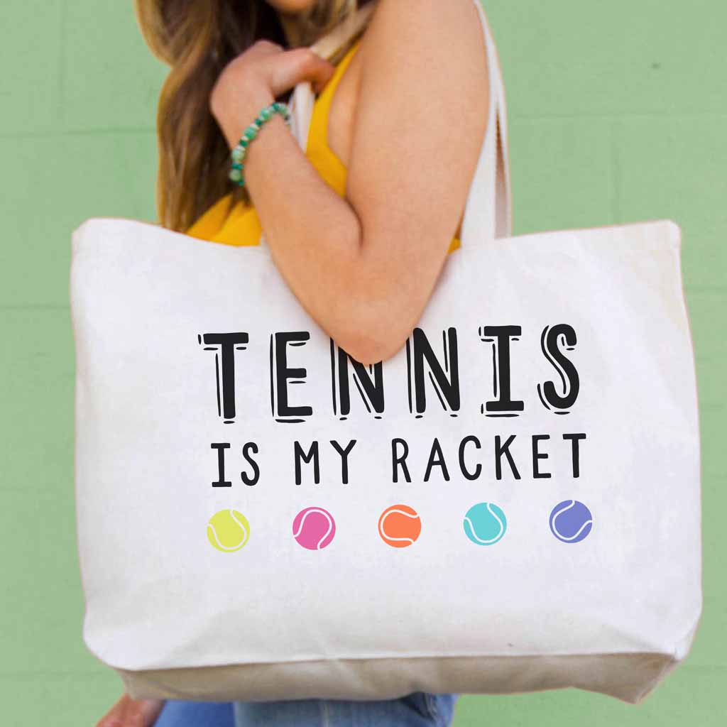 Roomy canvas tote bag digitally printed with tennis is my racket colorful design on canvas tote bag is the perfect gift for your tennis doubles partner.