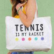 Tennis is my racket digitally printed on spacious large canvas tote bag is super cute for your next tennis match.