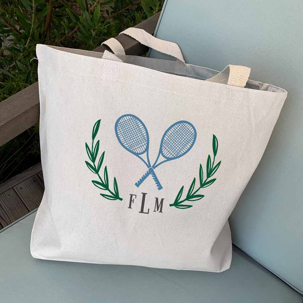 Custom printed canvas tote bag digitally printed with a tennis theme design and monogram.