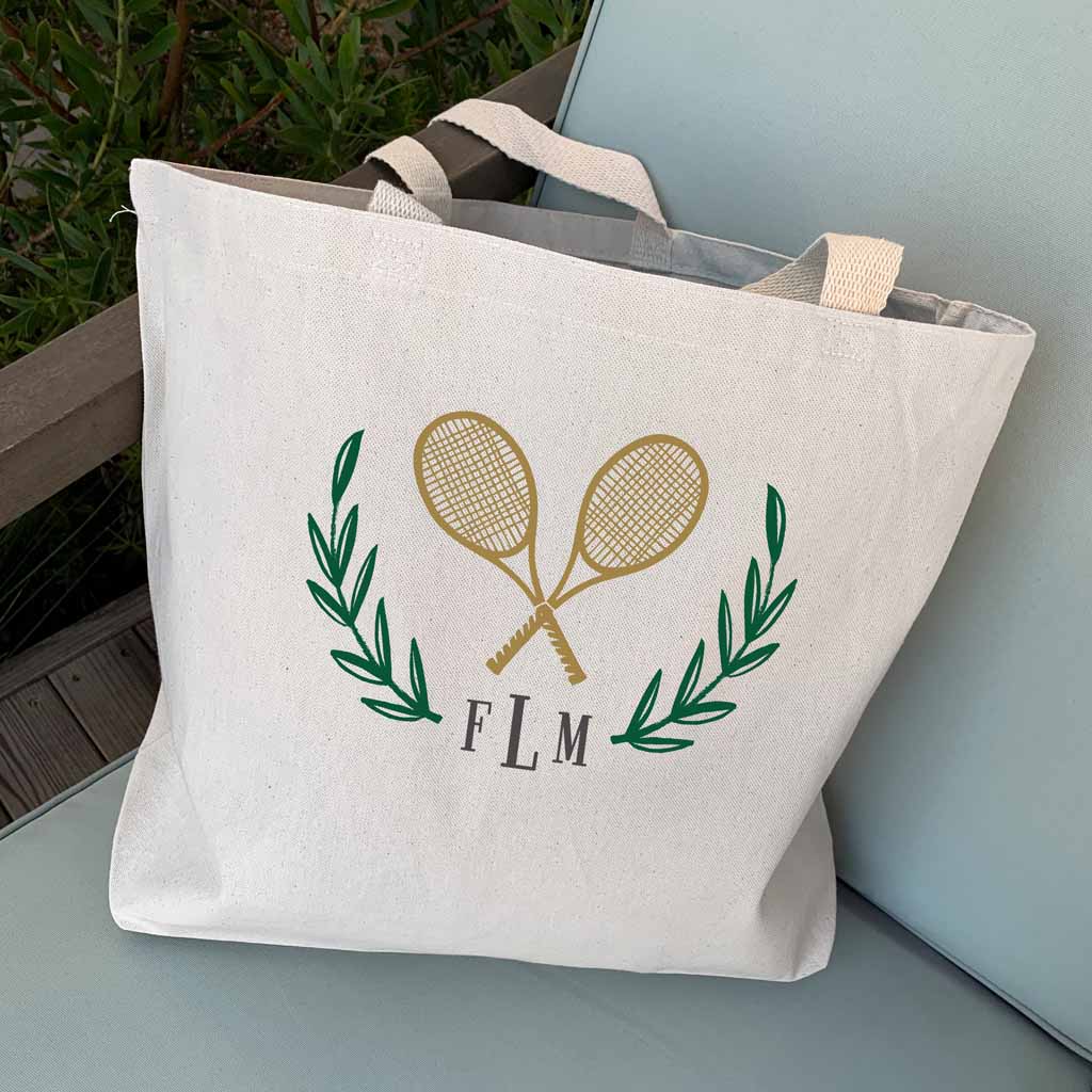 Digitally printed large canvas tote bag with tennis theme design and personalized with your monogram initials.