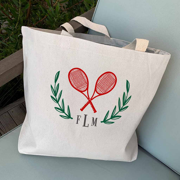 Tennis theme design digitally printed on large canvas tote bag personalized with your monogram initials.