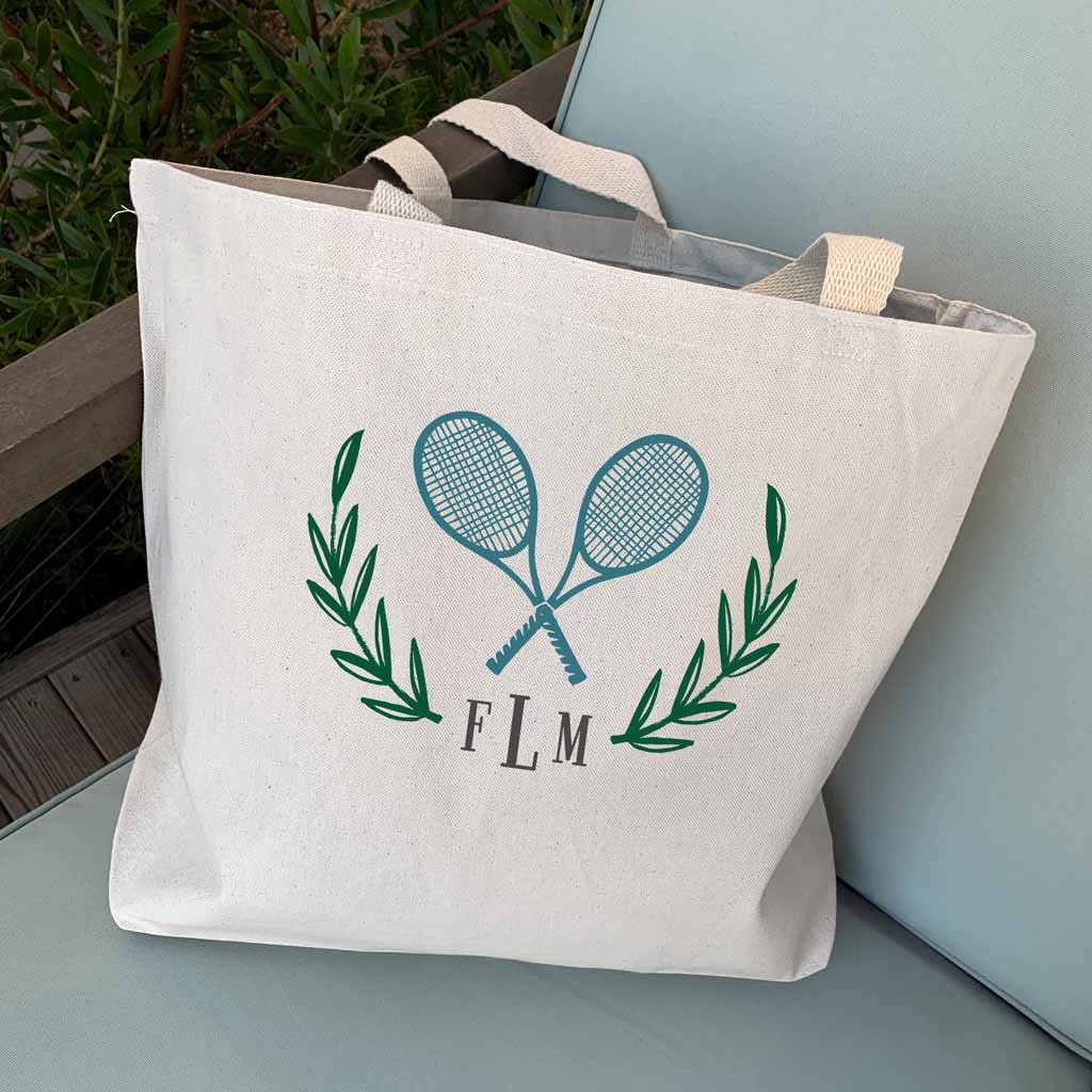 Personalized monogram initials custom printed with tennis theme on canvas tote bag.