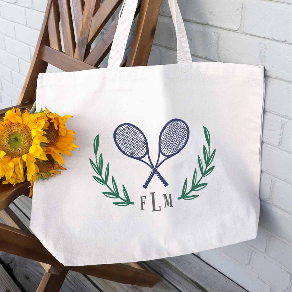 Personalized monogram initials custom printed with tennis theme on canvas tote bag.