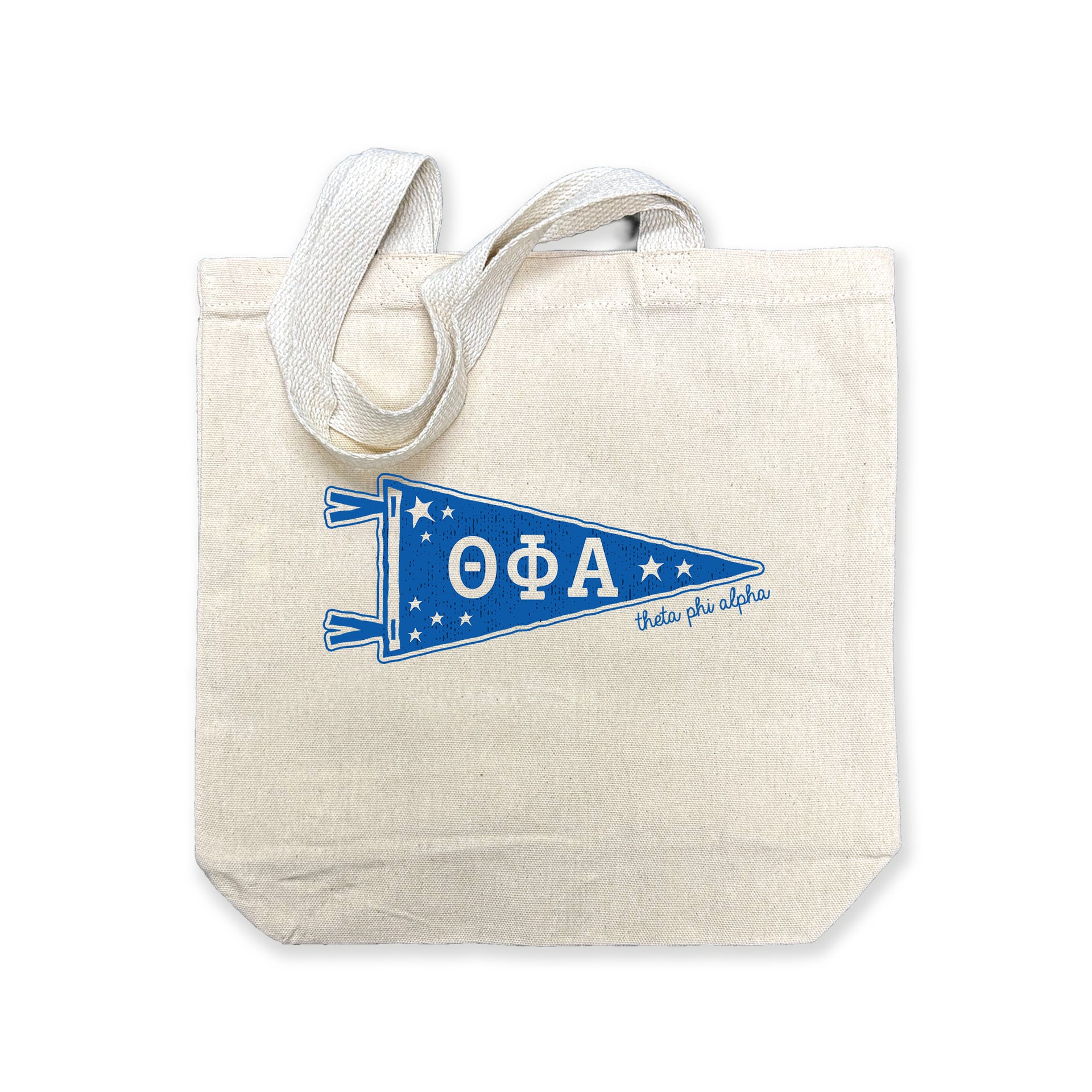 Theta Phi Alpha collegiate pennant medium size canvas tote bag featuring Theta Phi Alpha Greek letters on a white background