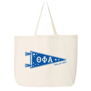 Theta Phi Alpha collegiate pennant large canvas tote bag featuring Theta Phi Alpha Greek letters on a white background