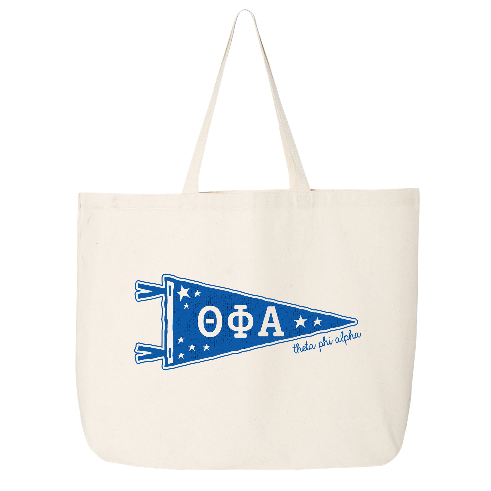 Theta Phi Alpha collegiate pennant large canvas tote bag featuring Theta Phi Alpha Greek letters on a white background