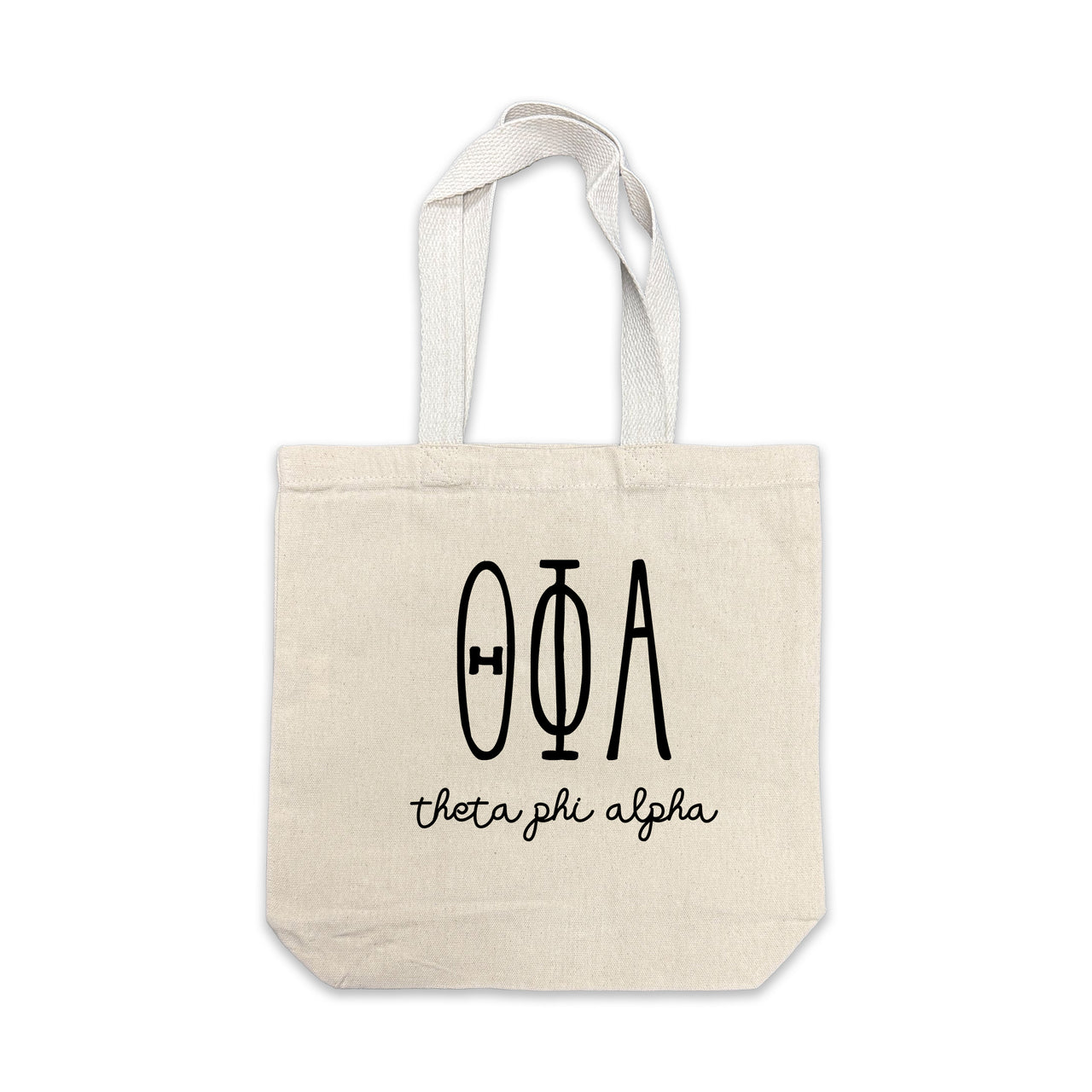 Theta Phi Alpha small canvas tote bag featuring striped Theta Phi Alpha Greek letters on a white background