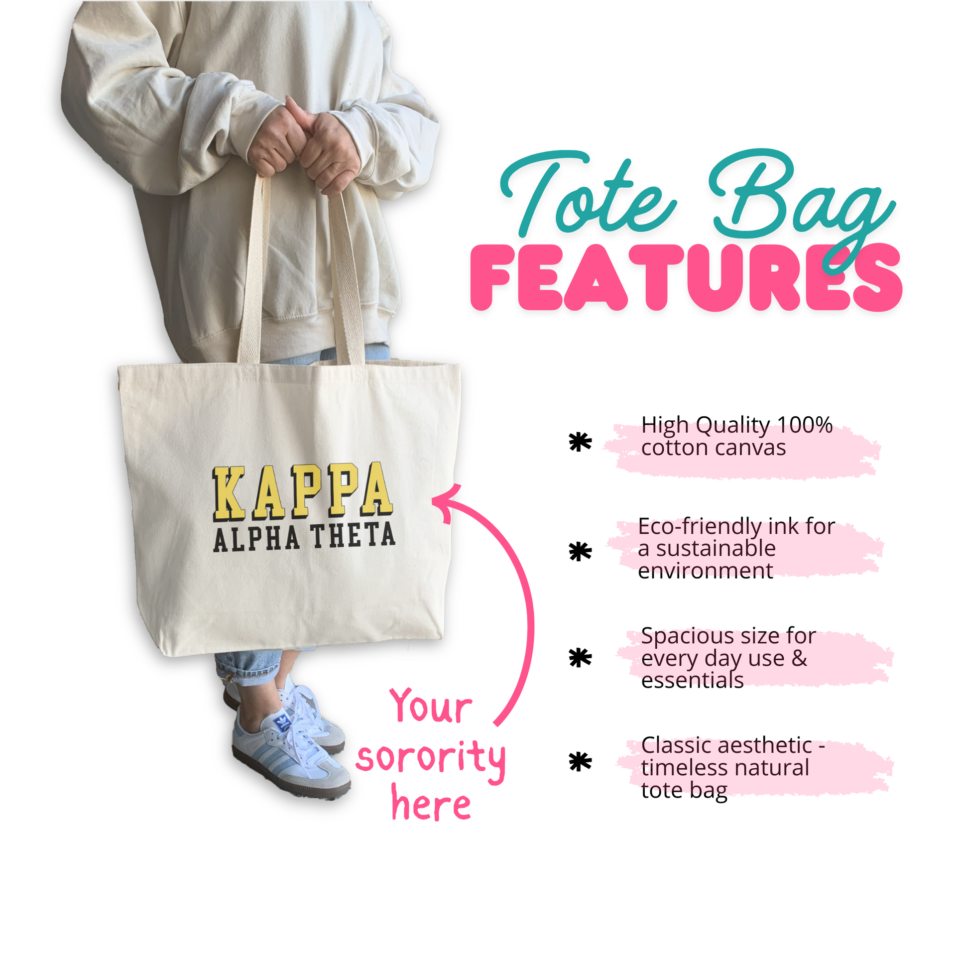 Woman holding a natural canvas sorority tote bag with “Your sorority here” placeholder text and a sample “Kappa Alpha Theta” 3D-style design. Text highlights features: high-quality 100% cotton canvas, eco-friendly ink, spacious size for everyday use, and a timeless, classic aesthetic.