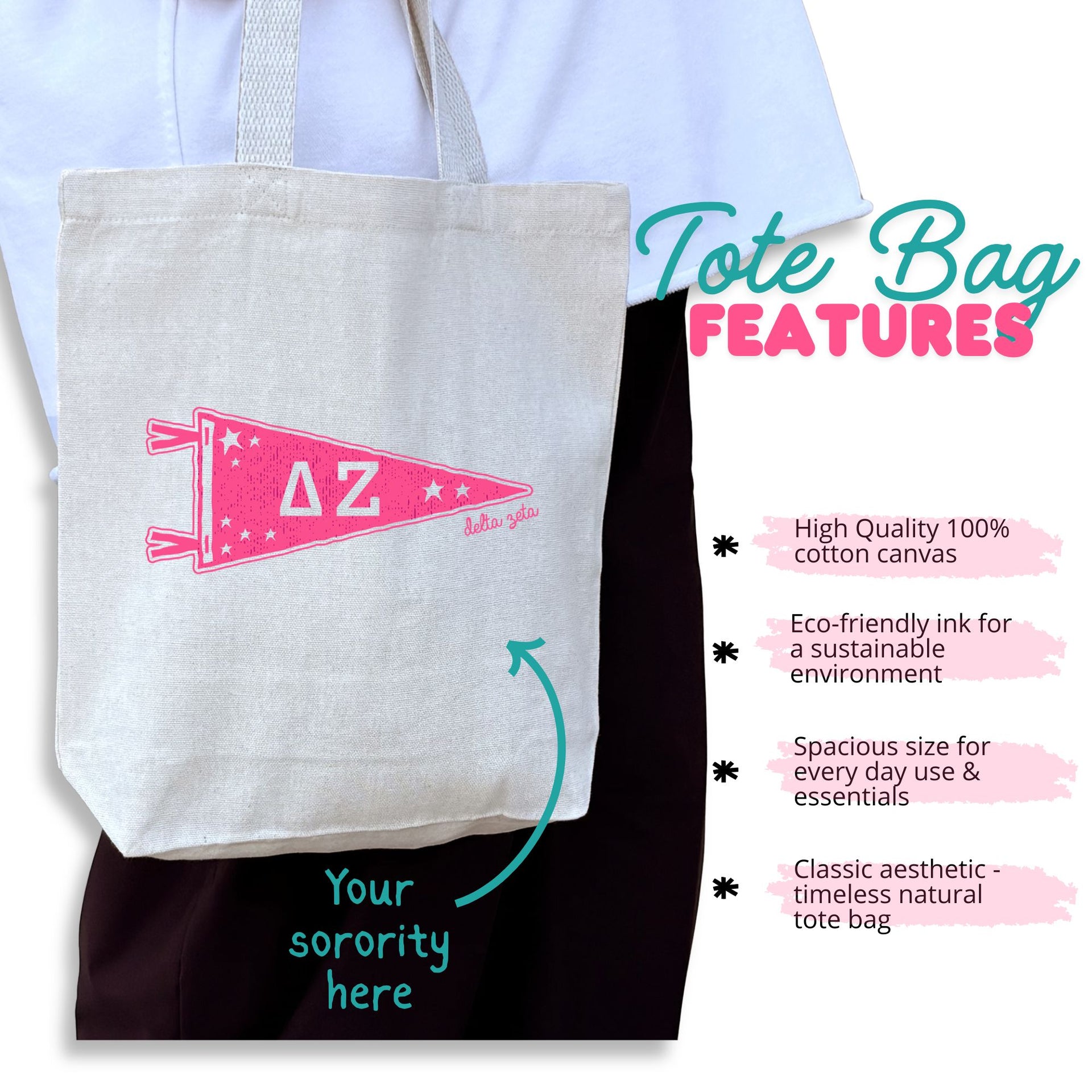Size Medium canvas sorority tote features.
