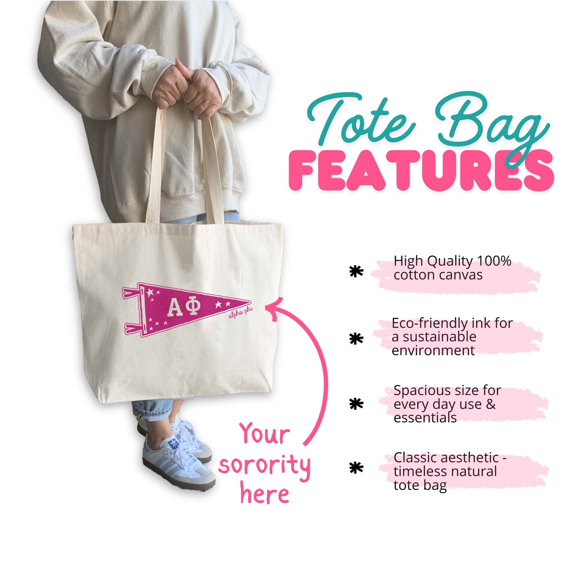 Size Large canvas sorority tote features.