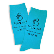Turquoise flat knit dress socks custom printed with a western style design and personalized with your wedding date and wedding role.