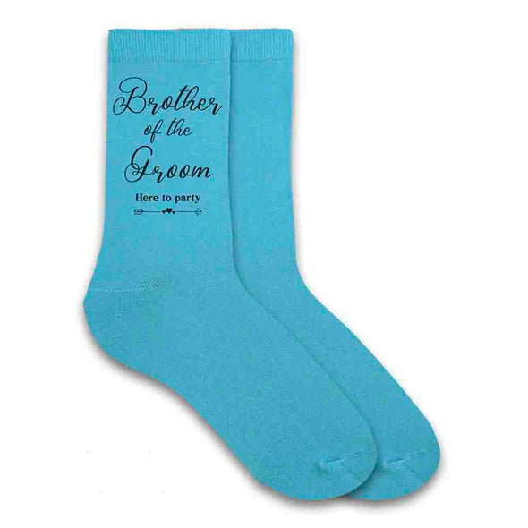 Brother of the groom wedding party socks digitally printed fun saying here to party on the outside of the socks.