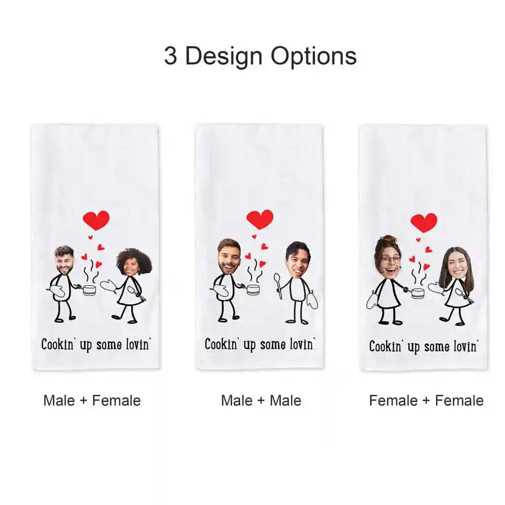 Fun personalized valentine kitchen towel for the cooking couple with three design options.