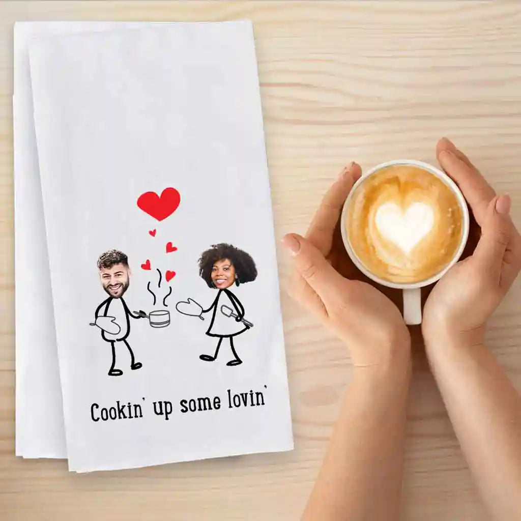 Cookin up some lovin digitally printed with fun valentine design personalized with your own photos on soft white kitchen towel.