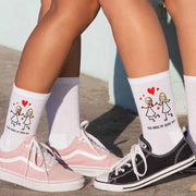 A fun pair of valentines day socks for a lesbian couple. We add your photos to these socks that are memorable and fun!