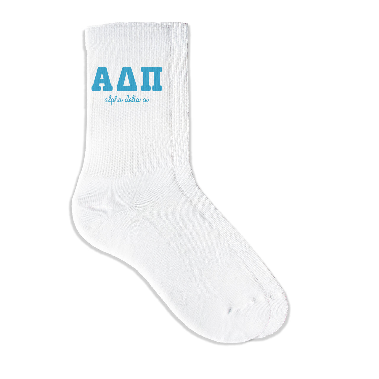 Alpha Delta Pi sorority crew socks featuring Greek letters and sorority name on white sporty crew socks