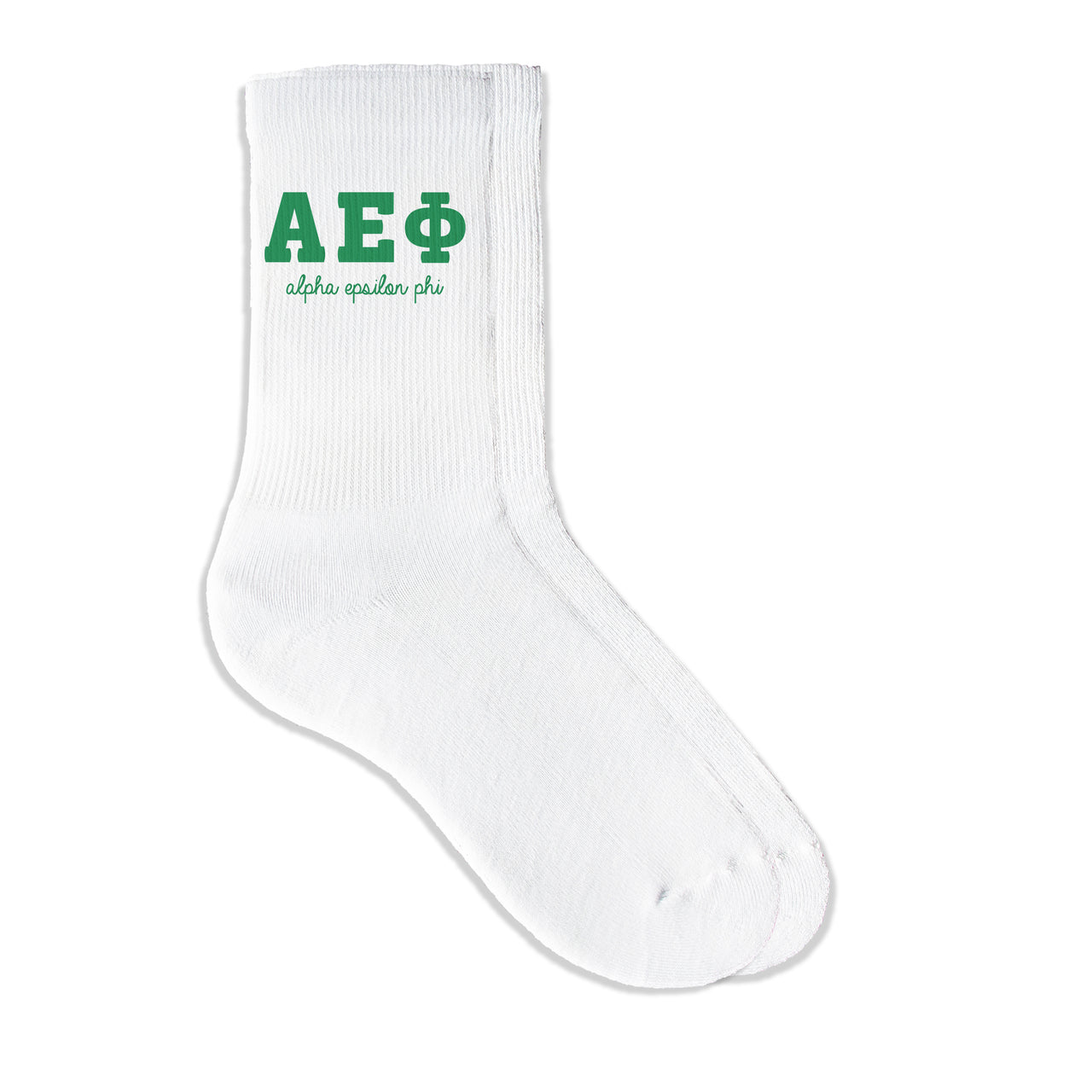 Alpha Epsilon Phi sorority crew socks featuring Greek letters and sorority name on white sporty crew socks