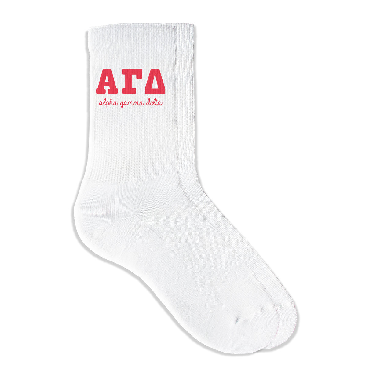 Alpha Gamma Delta sorority crew socks featuring Greek letters and sorority name on white sporty crew socks