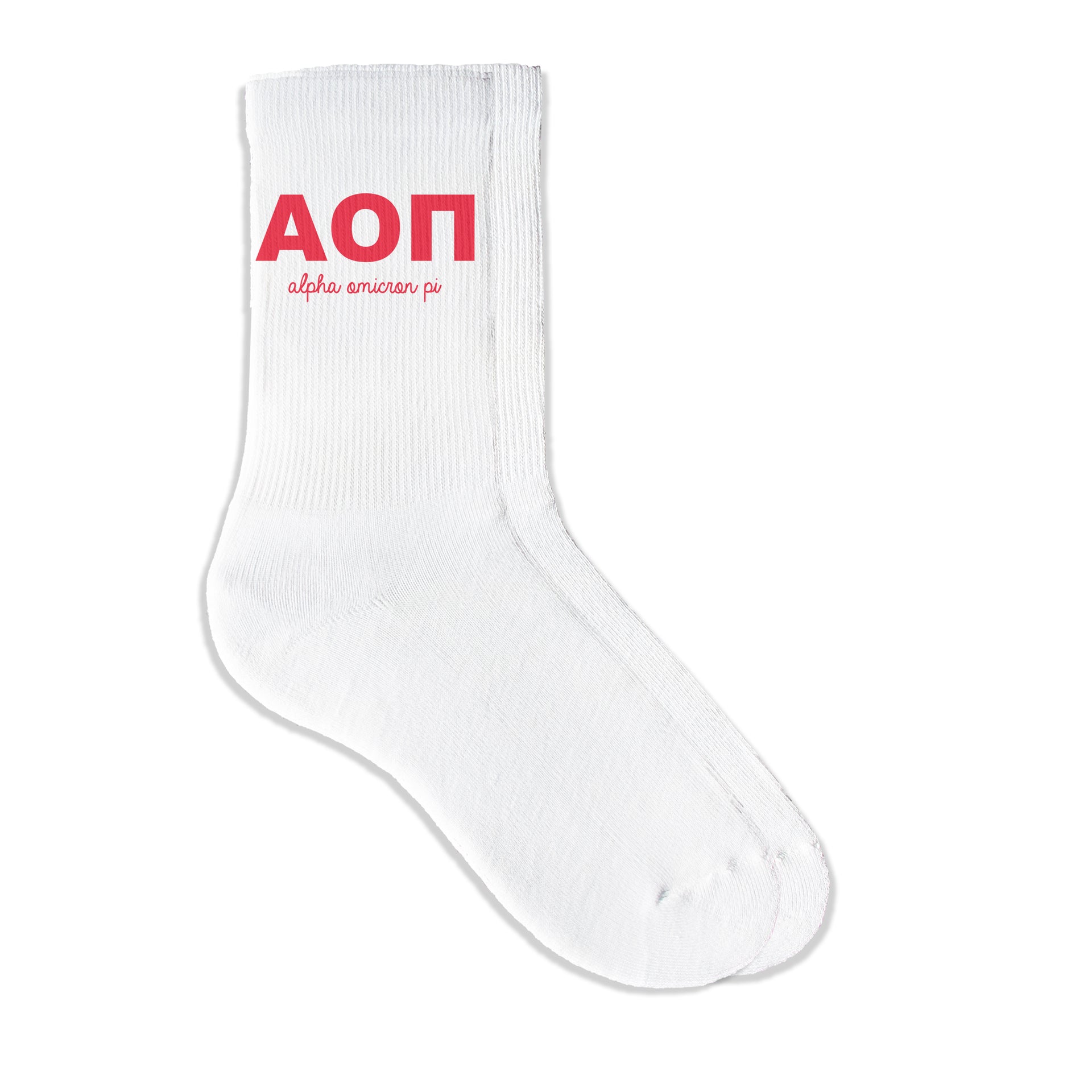 Alpha Omicron Pi sorority crew socks featuring Greek letters and sorority name on white sporty crew socks
