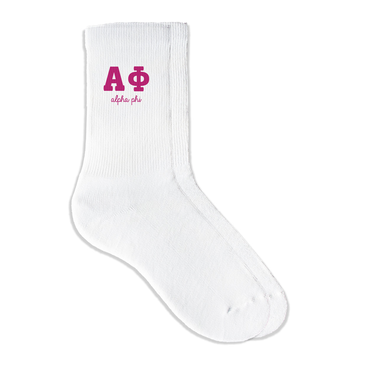 Alpha Phi sorority crew socks featuring Greek letters and sorority name on white sporty crew socks