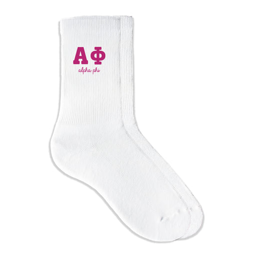 Alpha Phi sorority crew socks featuring Greek letters and sorority name on white sporty crew socks